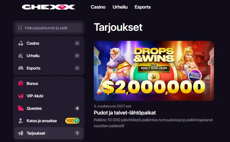 CHEXXin kampanja- ja bonusnäkymä