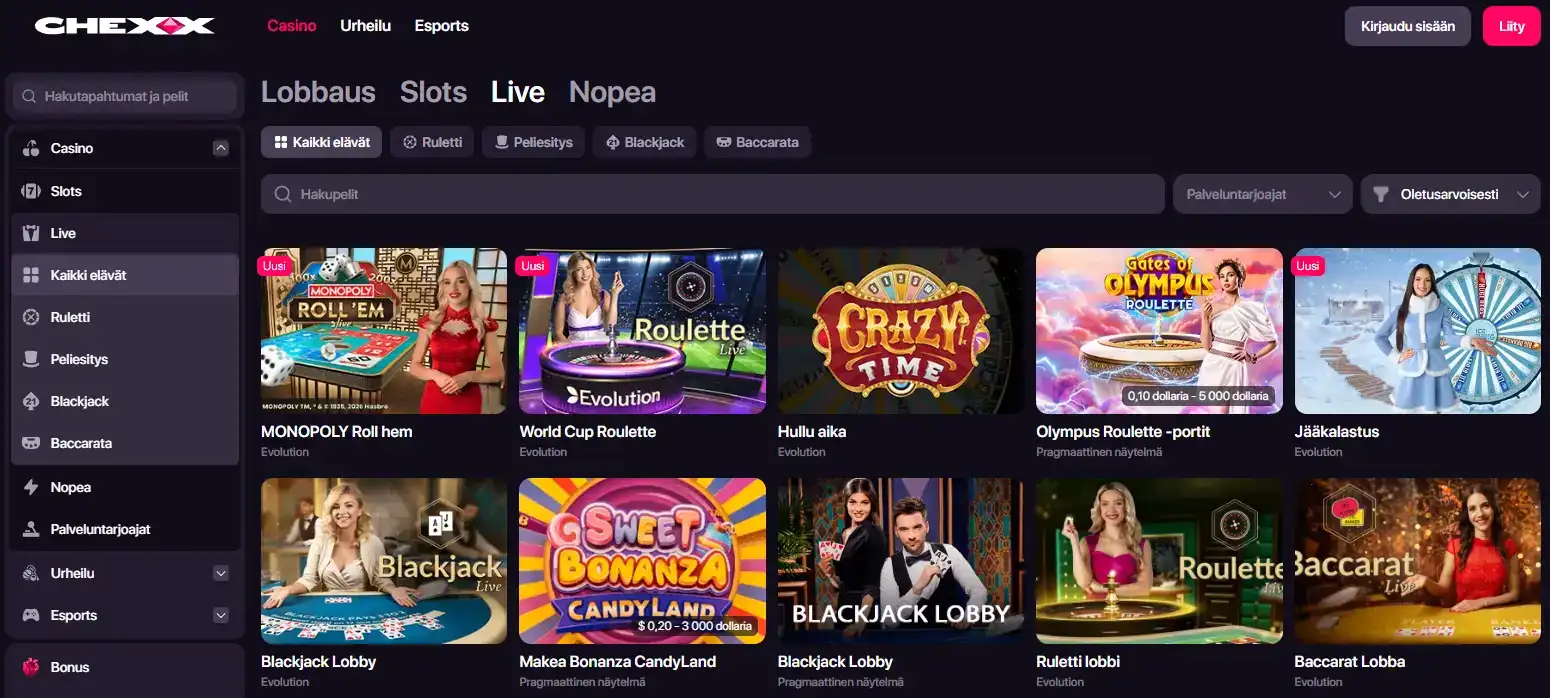 CHEXX Live Casino -kategorian näkymä