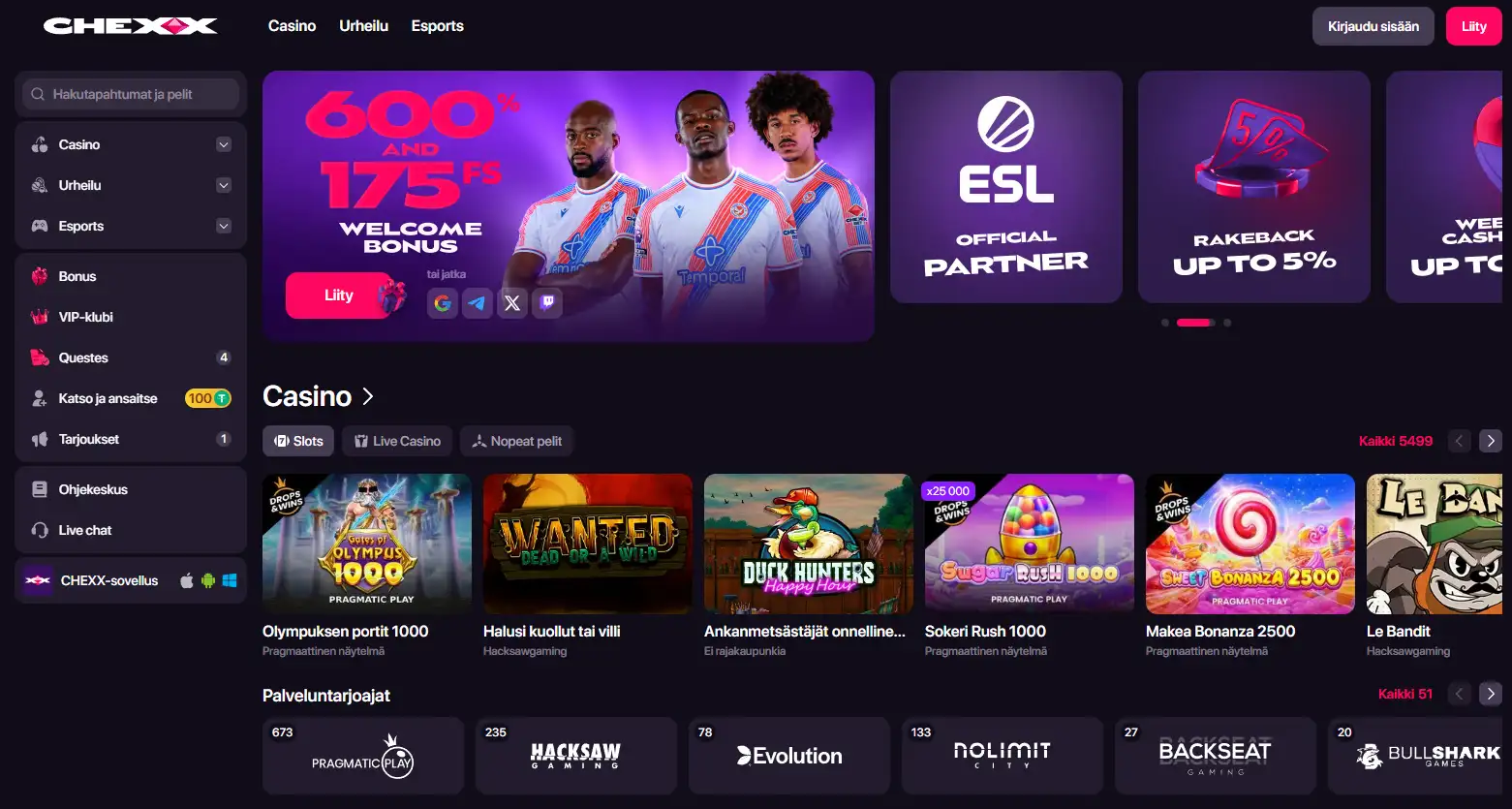CHEXX Casinon oikeasta verkkosivustosta otettava käyttöliittymäkuva